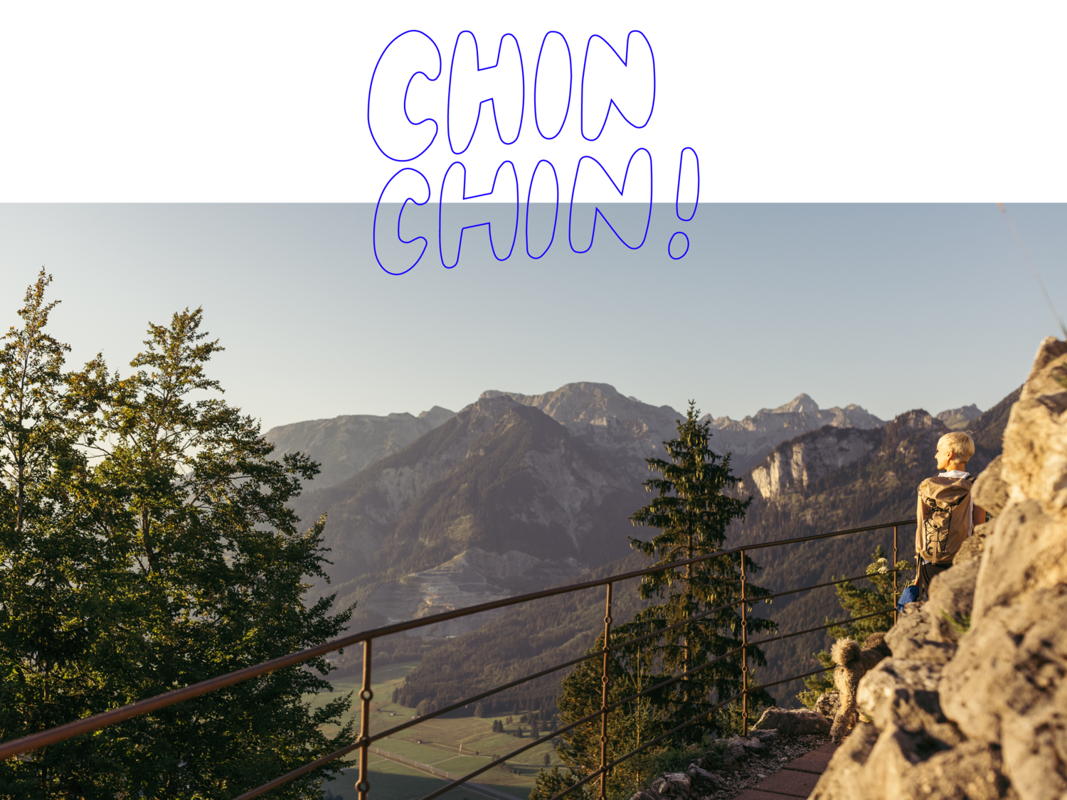 Bergpanorama am Falkenstein mit Schriftzug „CHIN CHIN!“