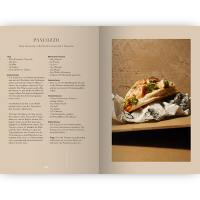 Aufgeschlagenes Buch „Drinks we love & Food“ mit Panozzo-Rezept und Food Pairing